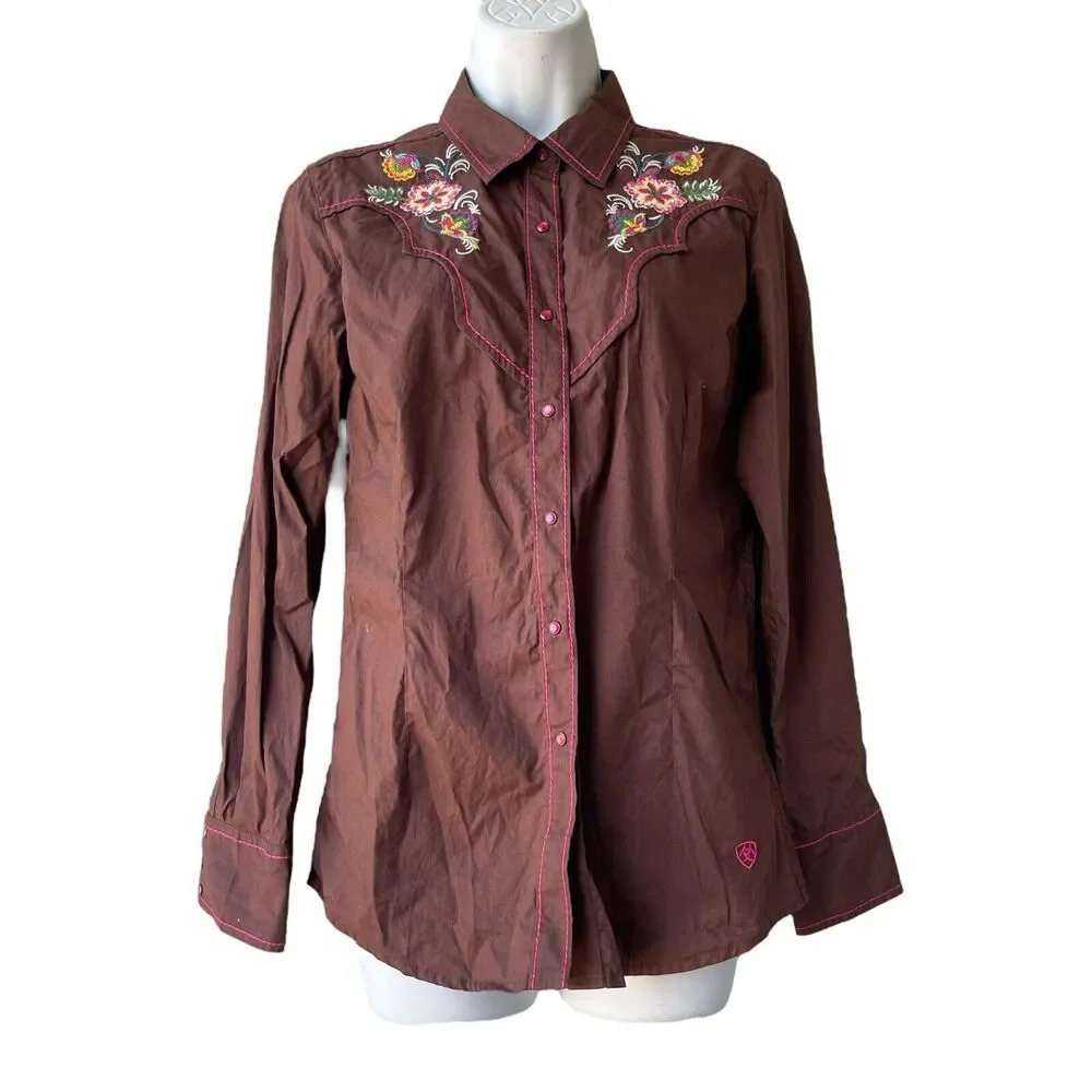 ARIAT Women’s Rodeo Fitted Shirt Embroidered Floral Pearl Button Western Top M